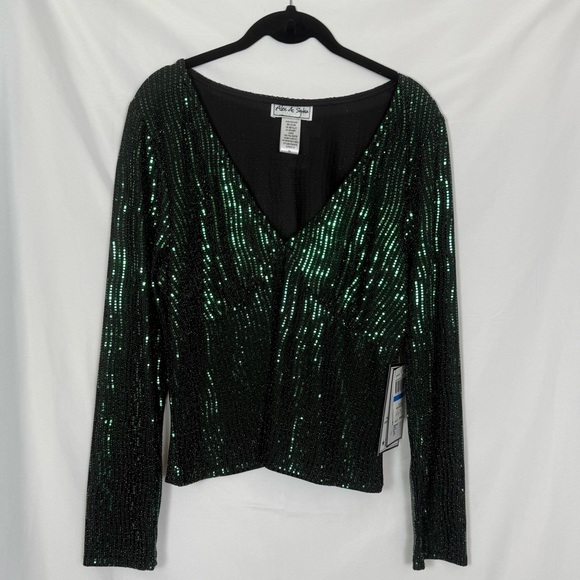 Alex & Sophia Black & Emerald/Hunter Green Long Sleeve Sequined Top, Size XL NWT - Picture 1 of 15